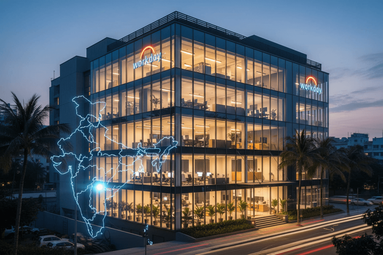A modern Workday office building at dusk in Chennai, with a glowing blue outline of the India map superimposed.