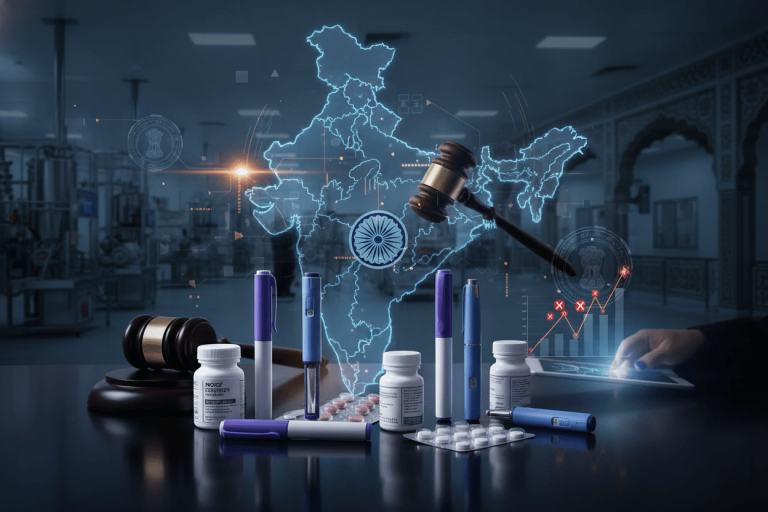 A gavel, GLP-1 injection pens, and pill bottles on a table with a glowing map of India and data.