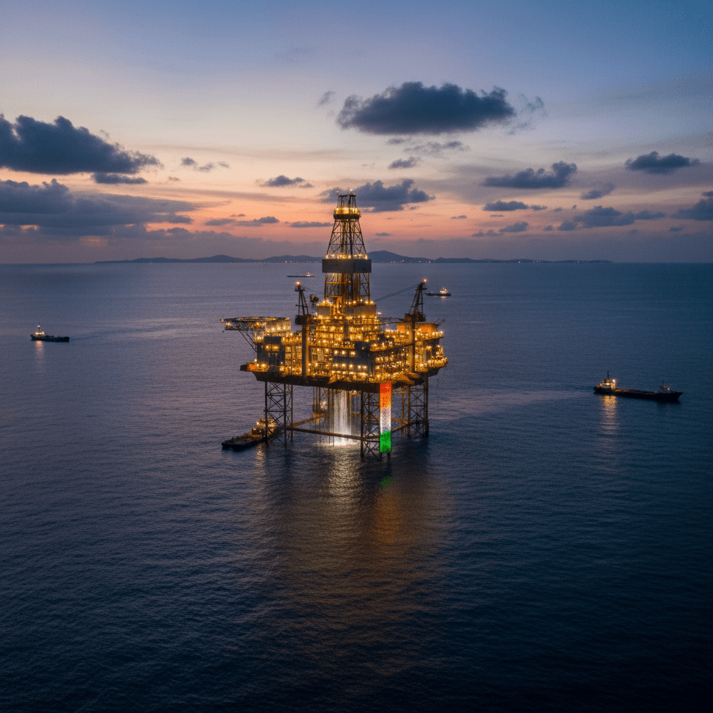 An aerial view of a brightly lit offshore oil rig at twilight, with lights resembling the Indian flag colors.