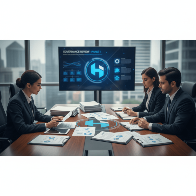 Three professionals in suits reviewing documents at a large conference table with a city skyline view.