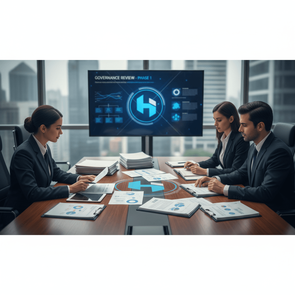 Three professionals in suits reviewing documents at a large conference table with a city skyline view.