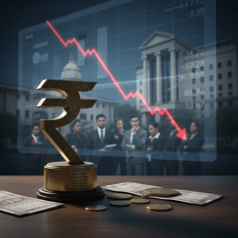 A golden Indian Rupee symbol trophy on a desk with banknotes and coins, overlaid with a declining financial graph.