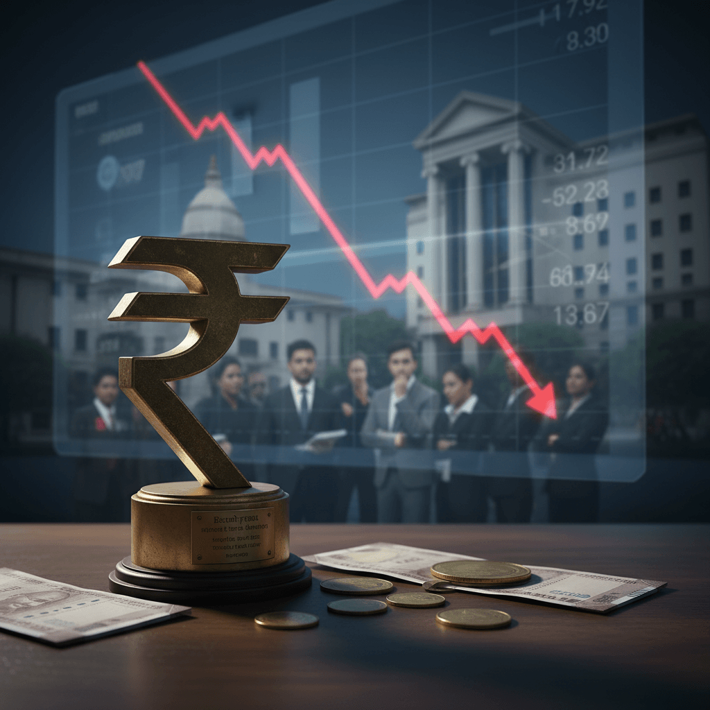 A golden Indian Rupee symbol trophy on a desk with banknotes and coins, overlaid with a declining financial graph.
