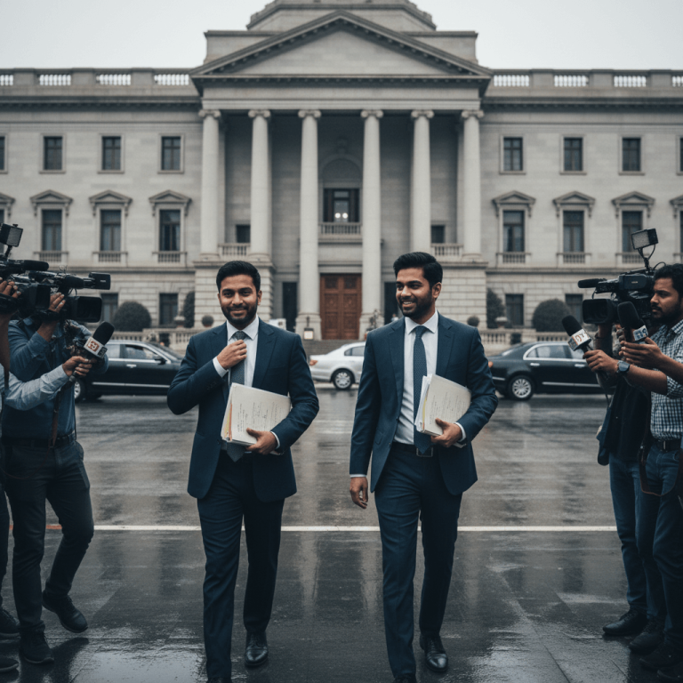 Two smartly dressed men, possibly co-founders, walk out of a large institutional building as reporters with cameras capture the scene.