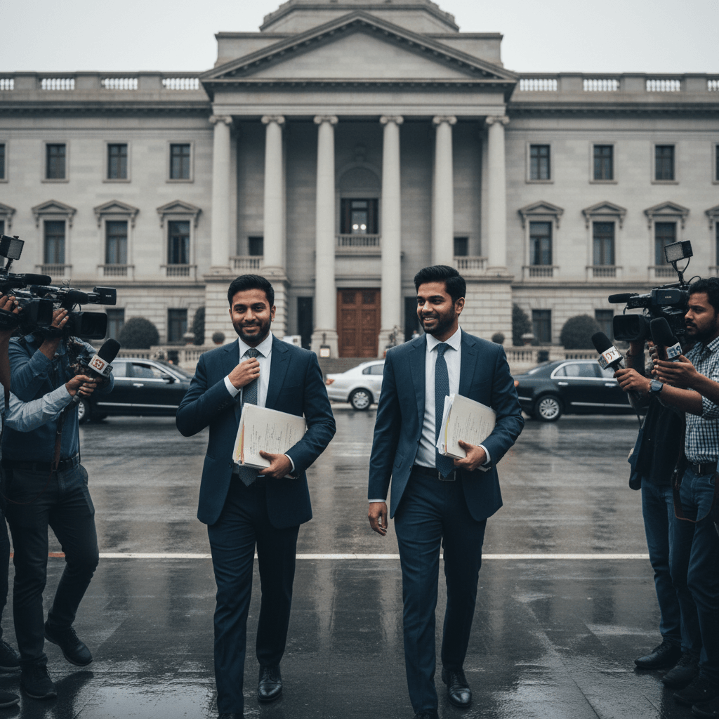 Two smartly dressed men, possibly co-founders, walk out of a large institutional building as reporters with cameras capture the scene.