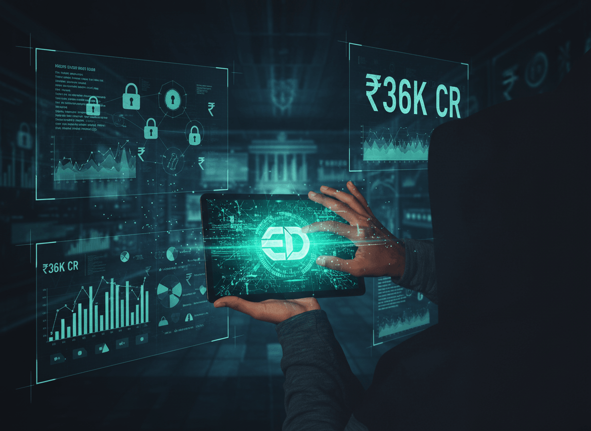 A person in a hoodie interacts with a digital tablet displaying the ED logo, surrounded by cybersecurity data and financial graphics.