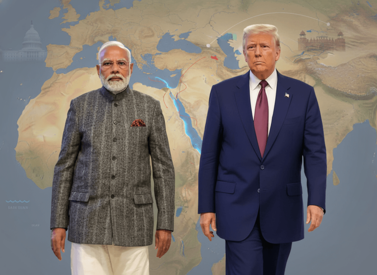 Narendra Modi and Donald Trump stand in front of a world map, emphasizing the Strait of Hormuz.