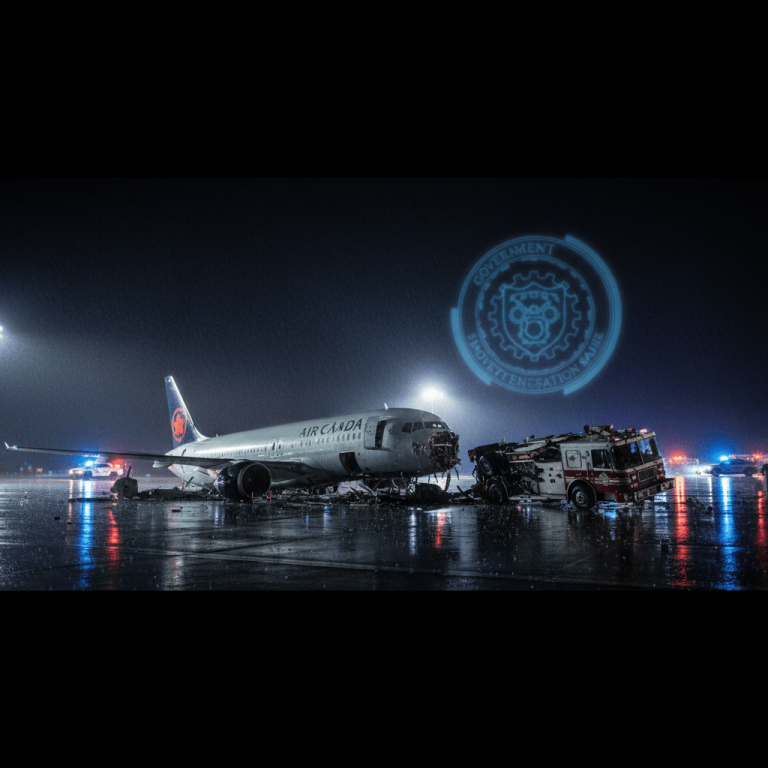 An Air Canada jet collided with a firetruck on a dark, wet runway, illuminated by emergency lights.