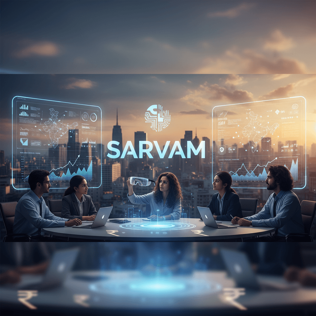 A diverse team in a modern conference room with holographic projections of data and the word SARVAM.