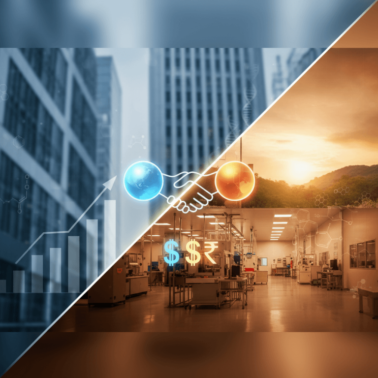 A professional image showing a handshake between two globes, representing a deal between US and India, with a pharmaceutical factory and city skyline.