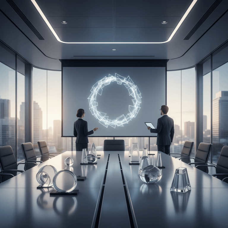 Two executives in a sleek boardroom with large windows overlooking a city, looking at a screen displaying a circular abstract graphic.