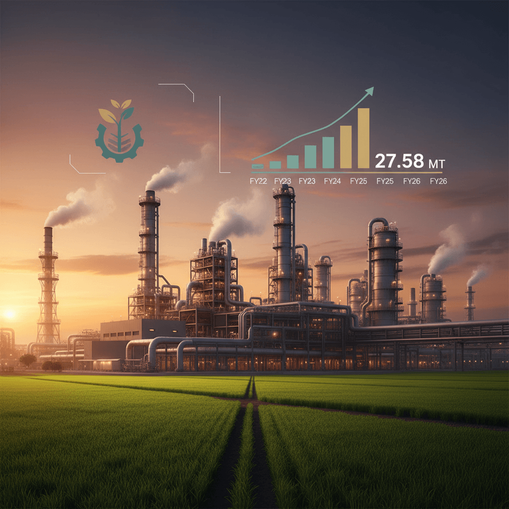 A fertilizer plant with smoke stacks at sunset, with a digital overlay showing increasing urea production.