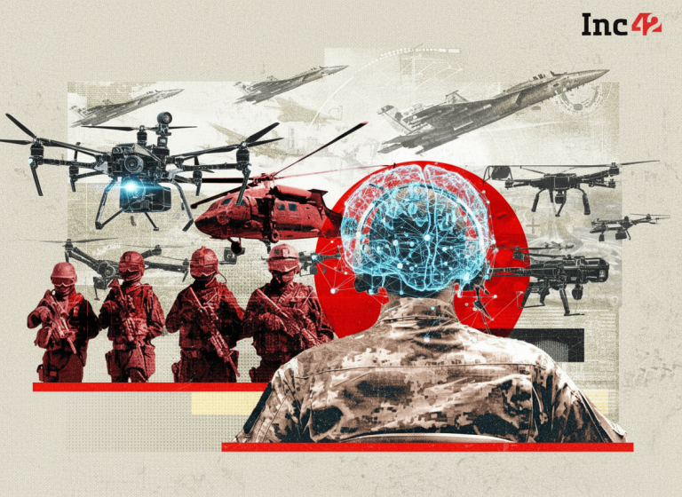 A soldier with a glowing brain, symbolizing AI, surrounded by military hardware like drones and jets.