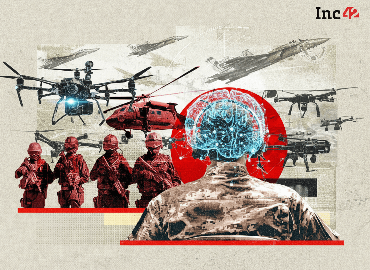 A soldier with a glowing brain, symbolizing AI, surrounded by military hardware like drones and jets.