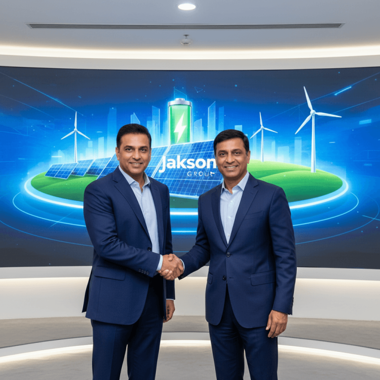 Two men in suits shake hands in front of a digital display showing green energy concepts.