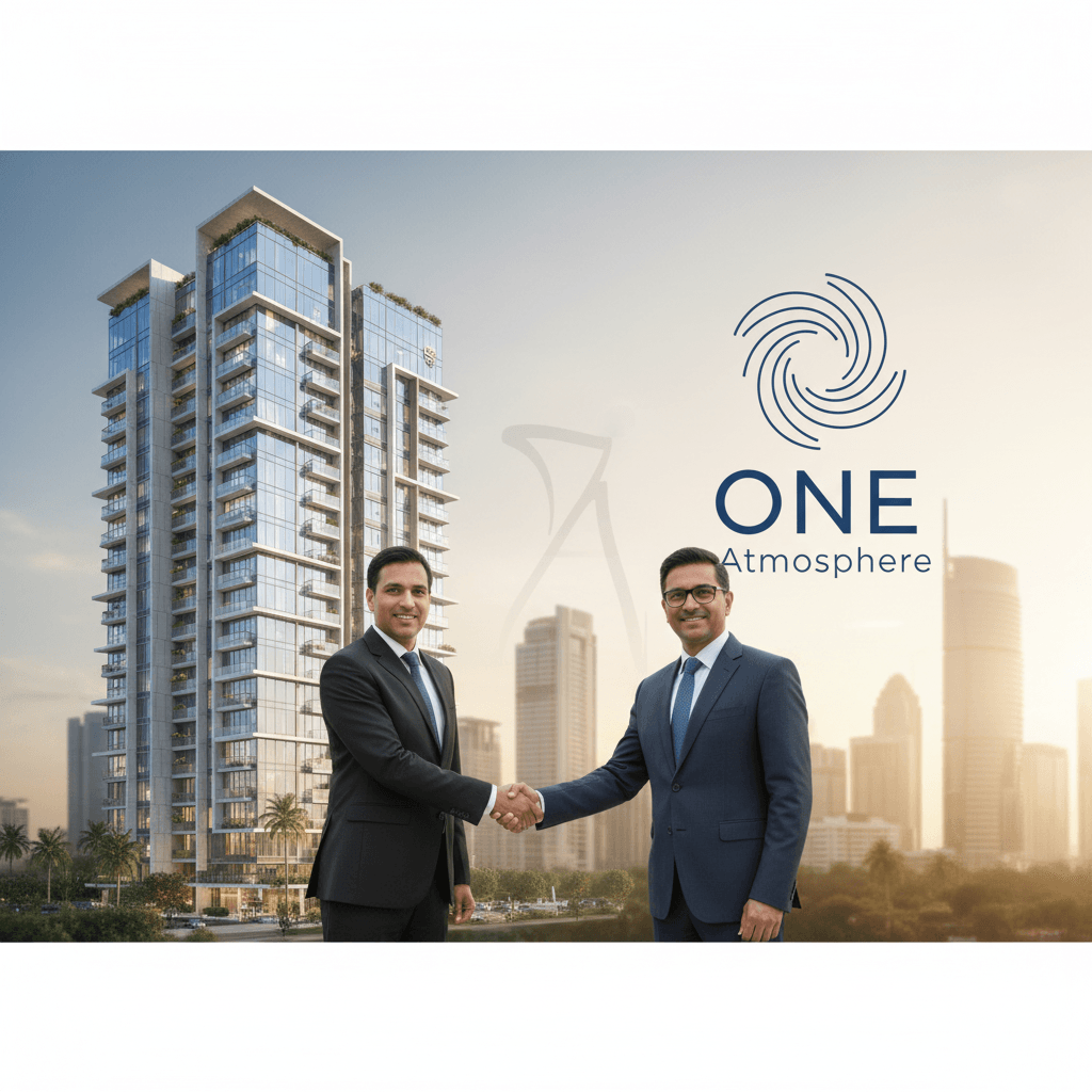 Two men in suits shaking hands with a modern skyscraper and city skyline in the background, symbolizing a business deal.