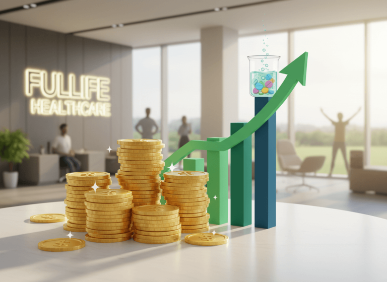 Stacks of gold coins and a rising bar graph with a beaker of effervescent tablets, in a modern office.