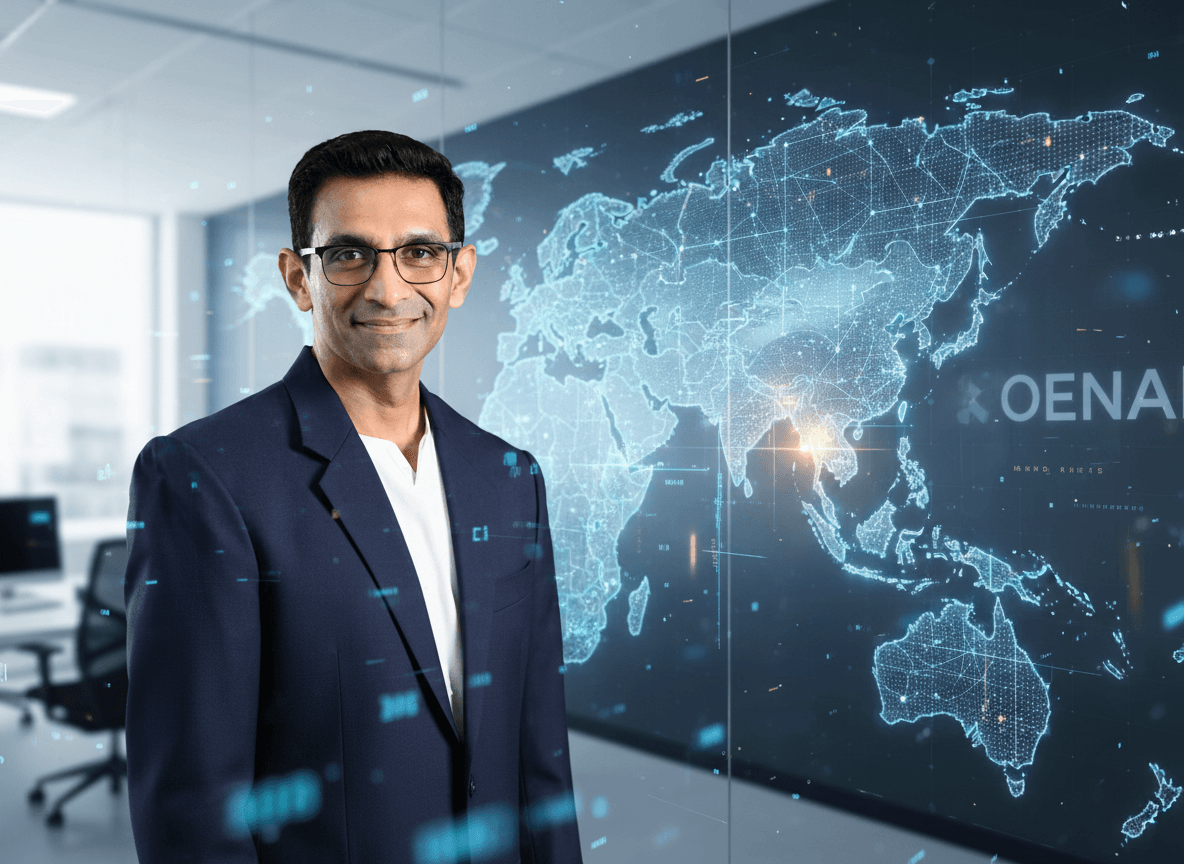 A professional image of Kiran Mani, wearing a dark suit and glasses, smiling in front of a digital world map.