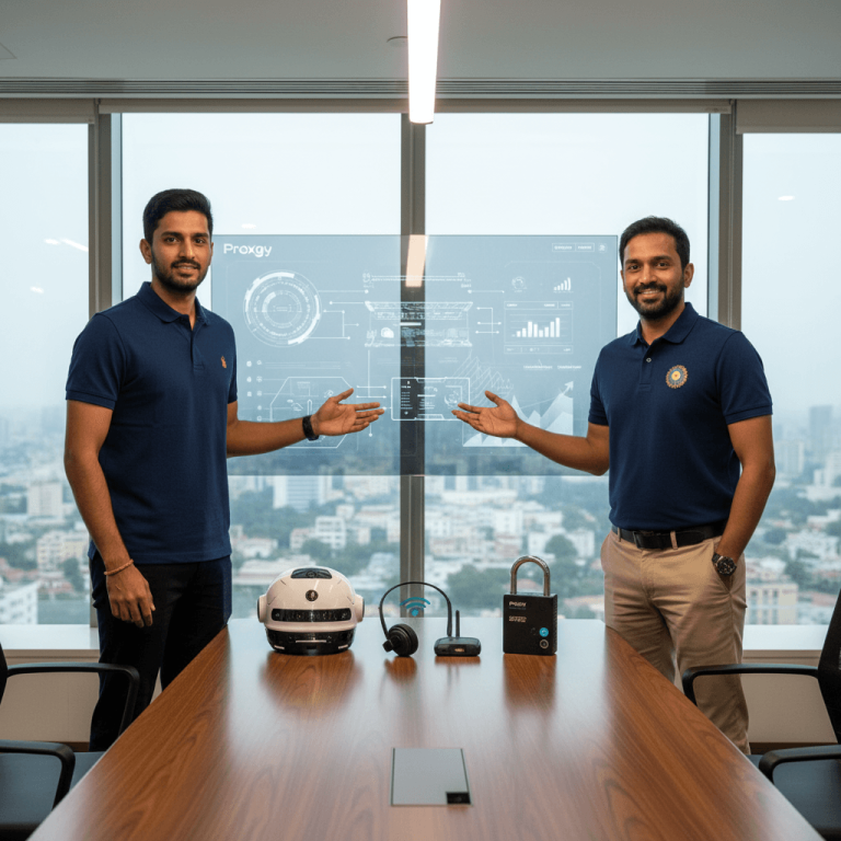 Two Indian men in professional attire stand in a modern office, presenting smart safety devices on a table.