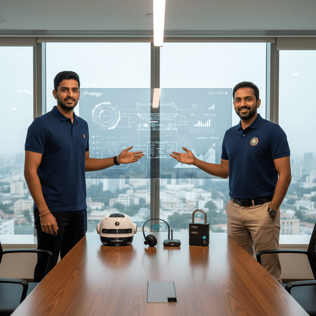 Two Indian men in professional attire stand in a modern office, presenting smart safety devices on a table.