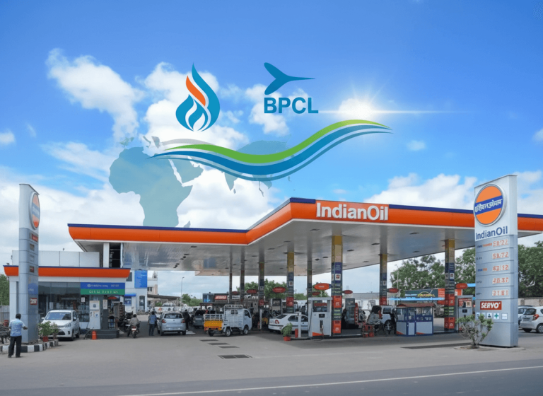 A modern gas station under a clear sky, symbolizing stable fuel supply in India amidst global tensions.