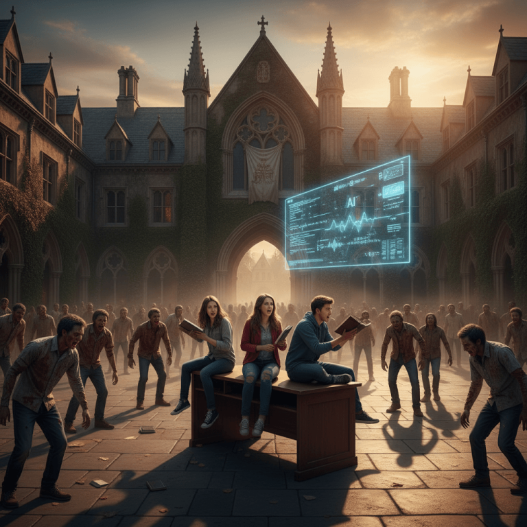 Three young students, two women and one man, sit on a desk in a university courtyard, looking surprised.