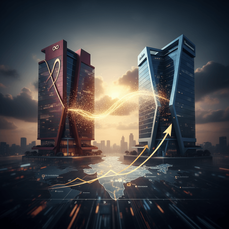 Two modern bank buildings connected by glowing lines and an upward arrow over a map of India, symbolizing a financial deal.