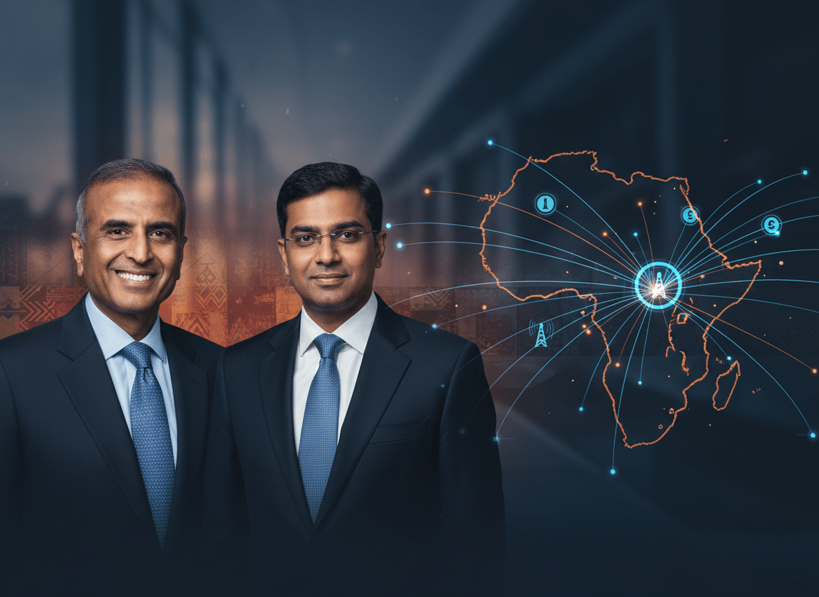 Sunil Bharti Mittal and Gopal Vittal in suits, smiling, with a glowing digital map of Africa and network connections in the background.