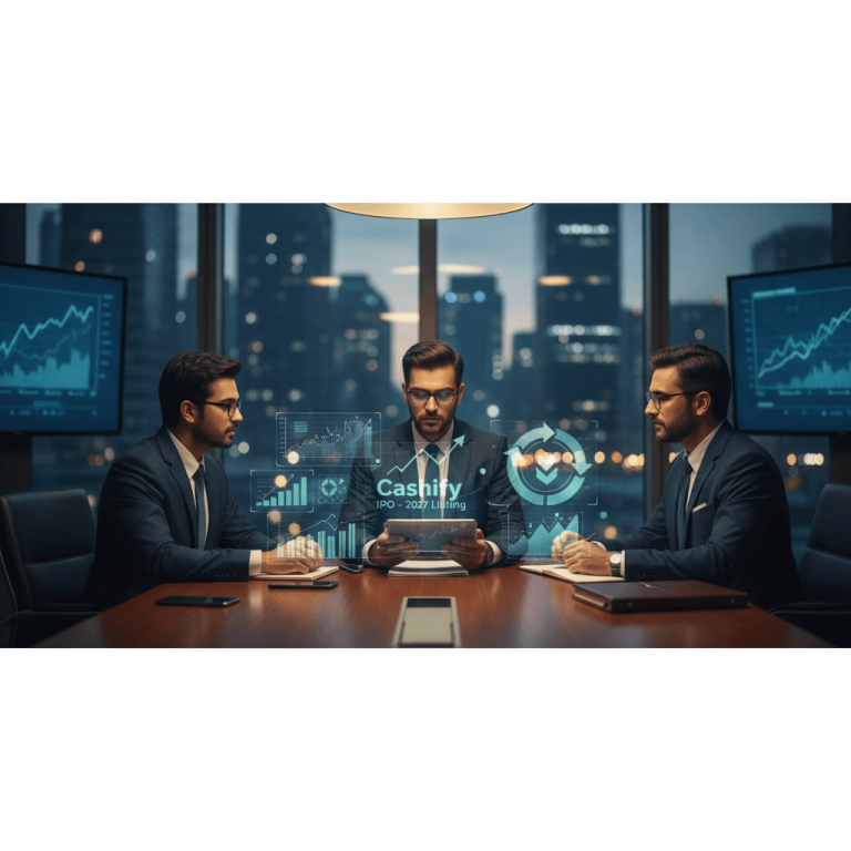 Three suited professionals in a modern boardroom with city views, analyzing financial data and growth projections.