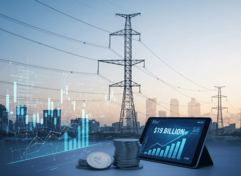 A tablet displaying "$19 BILLION" and a rising graph, with coins, power lines, and a city skyline at sunset.