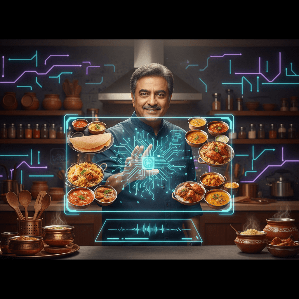 A man resembling Hansal Mehta interacts with a futuristic AI interface displaying various Indian dishes in a modern kitchen.