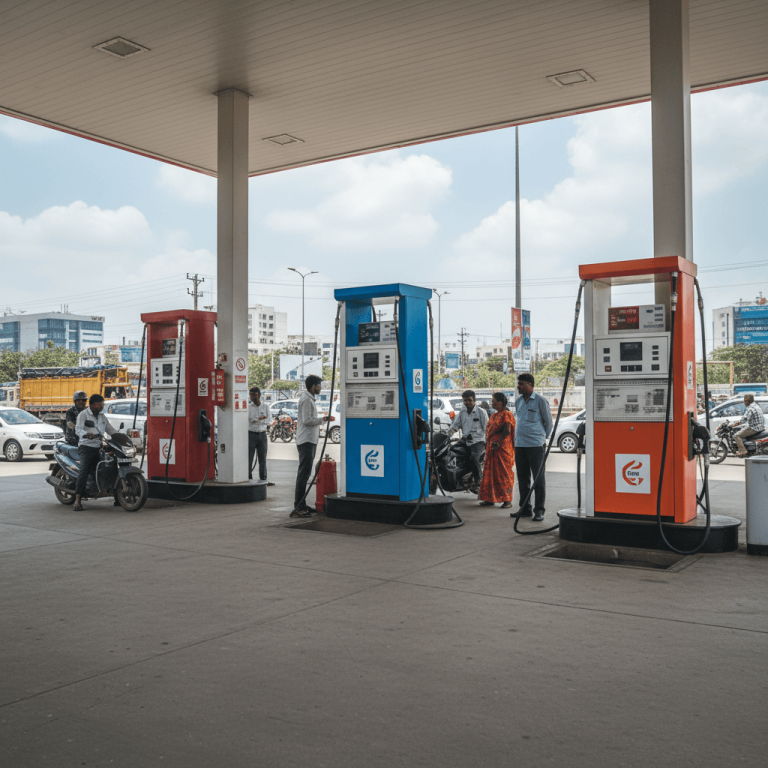 People at a busy Indian gas station with multiple fuel pumps and vehicles, under a clear sky.