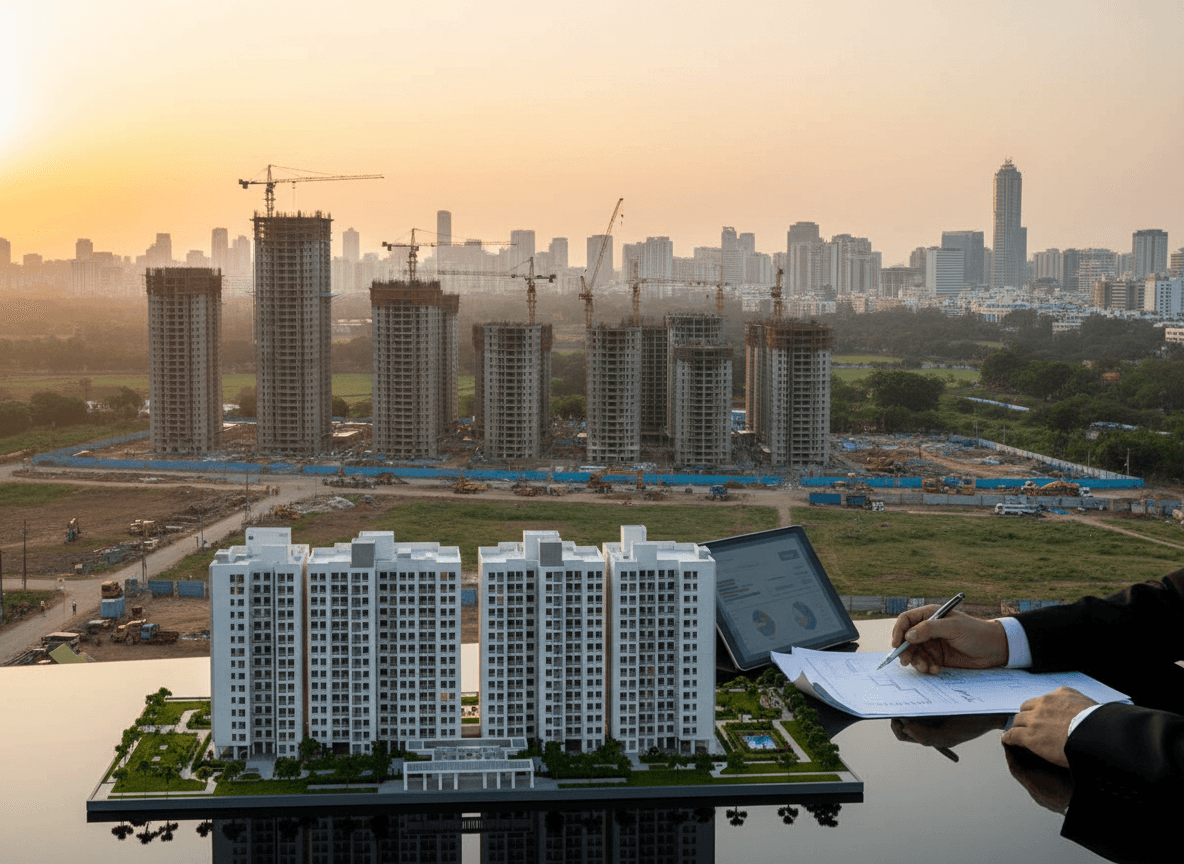An executive reviews architectural plans and digital graphs on a tablet, with a model of a housing complex in the foreground.