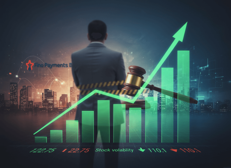 A man in a suit stands before a cityscape with an overlaid financial graph showing an upward trend and a gavel, symbolizing legal challenges.