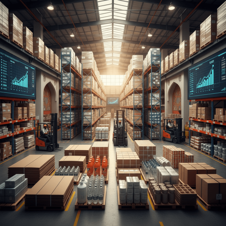 A modern, bustling Indian warehouse with various packaged goods, forklifts, and digital screens displaying growth charts.