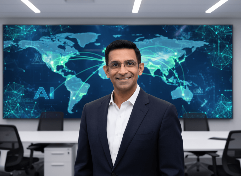 A professional man, Kiran Mani, smiling in an office with a large screen displaying a world map with interconnected AI nodes.