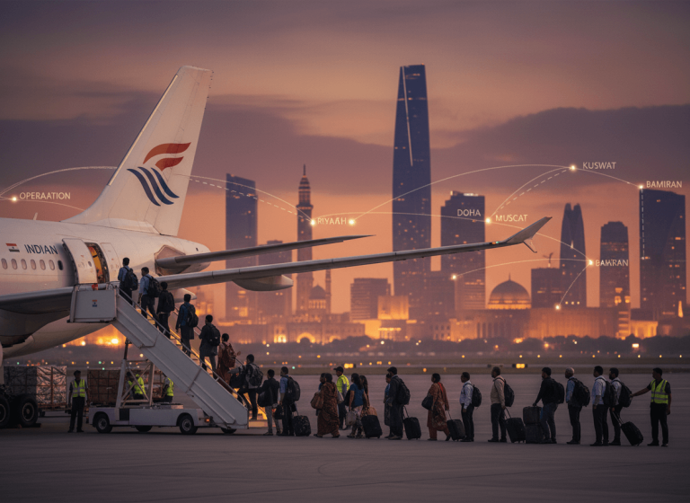 Passengers boarding an "Indian" labeled airplane with a city skyline at dusk and dotted lines showing evacuation routes.
