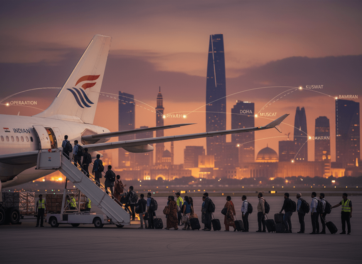 Passengers boarding an "Indian" labeled airplane with a city skyline at dusk and dotted lines showing evacuation routes.