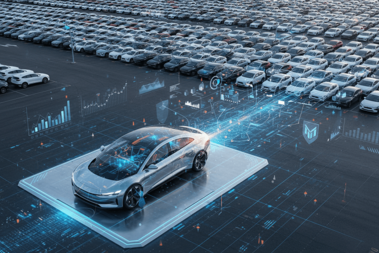 A modern car on a digital platform with data flowing, surrounded by a large parking lot of cars, symbolizing automotive data.