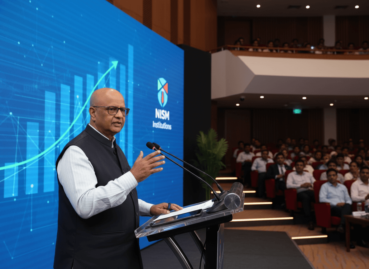 A bald man in glasses and a dark waistcoat speaking at a podium in front of a large screen with a bar graph.