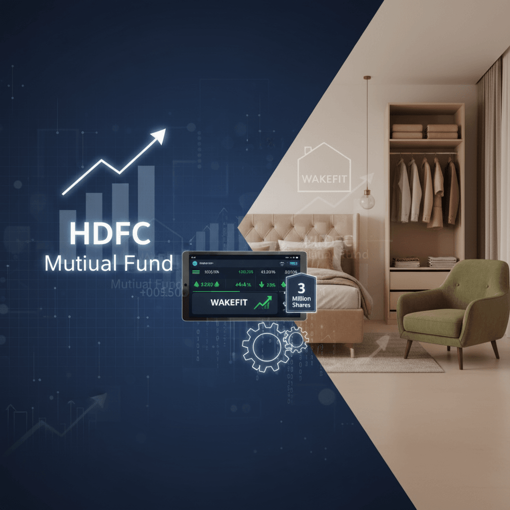 A split image showing HDFC Mutual Fund's growth chart on one side and a Wakefit bedroom setup on the other.