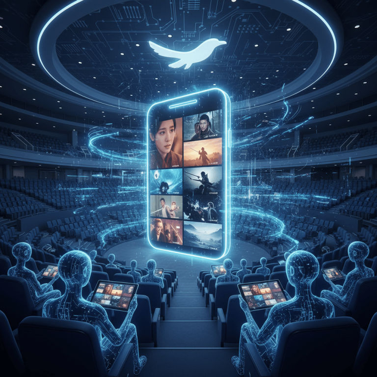 A futuristic cinema where glowing, translucent figures watch a large, illuminated smartphone displaying micro-dramas.