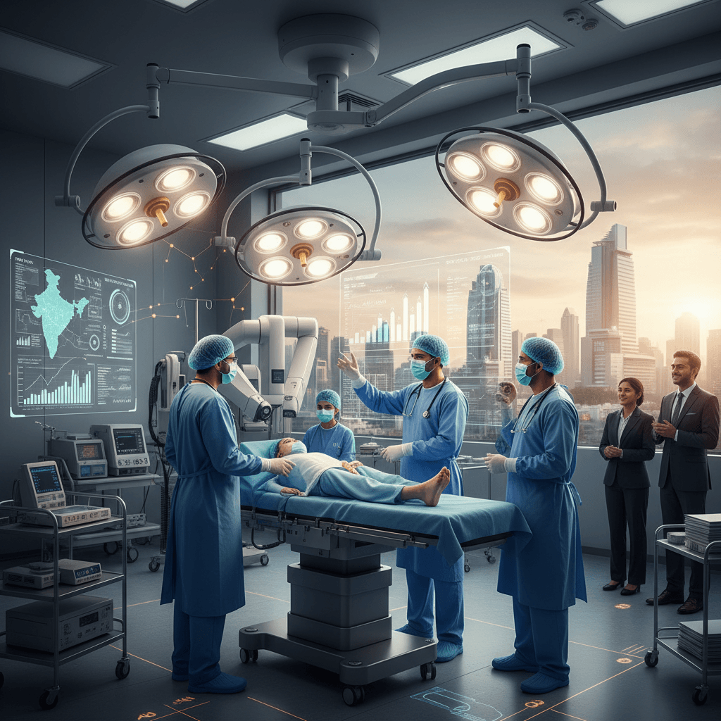 Doctors in an operating room with a patient, digital interfaces, and a cityscape view representing growth.