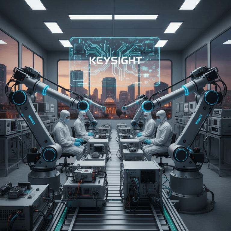 Robotic arms and engineers in clean suits assemble electronic test gear in a modern factory overlooking a city skyline at dusk.
