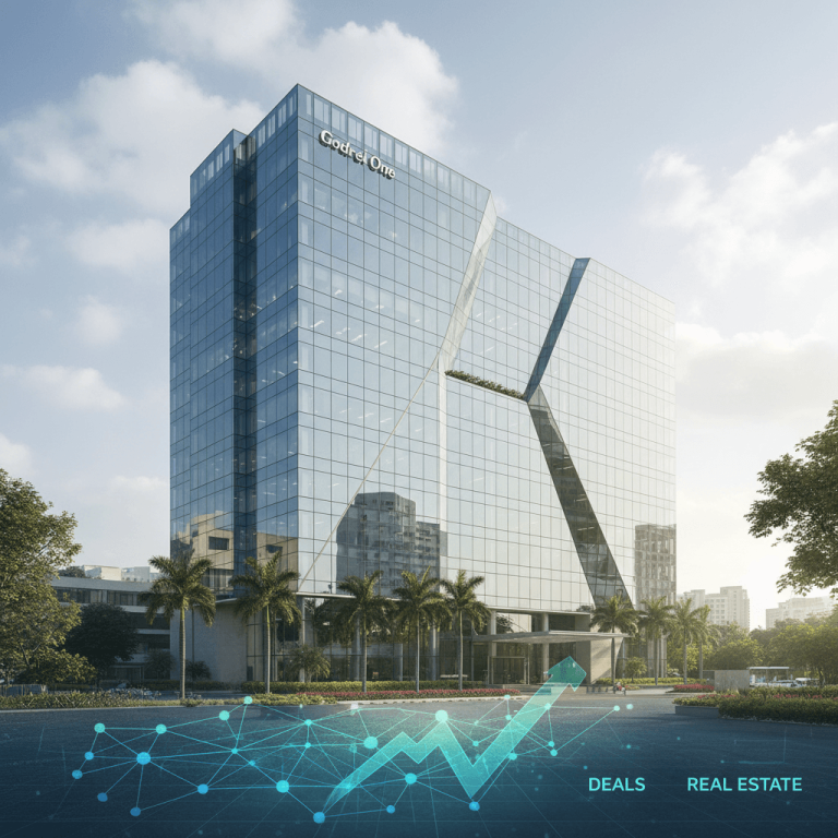 A modern glass office building, Godrej One, with a digital growth graph overlaid, representing real estate deals.