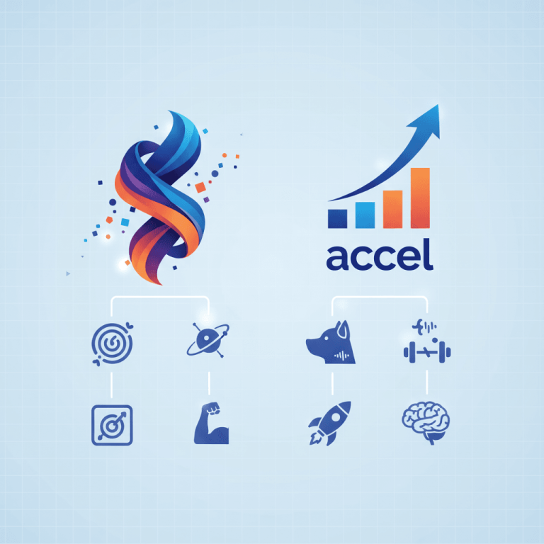 A modern graphic showing a stylized flame-like icon connected to various smaller icons representing innovation.