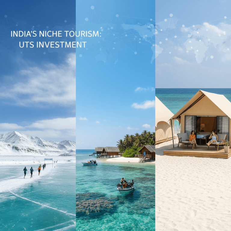 A professional collage image highlighting India's diverse niche tourism, featuring a frozen lake marathon, an eco-resort, and beachside luxury tents.