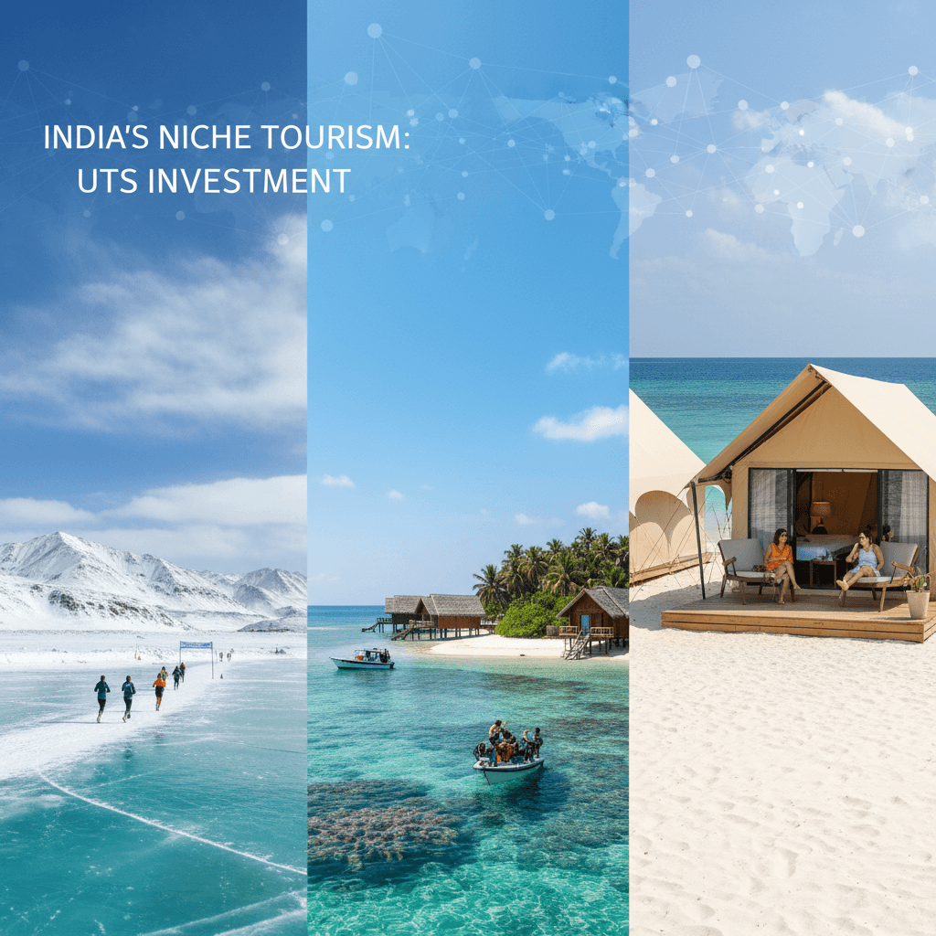 A professional collage image highlighting India's diverse niche tourism, featuring a frozen lake marathon, an eco-resort, and beachside luxury tents.