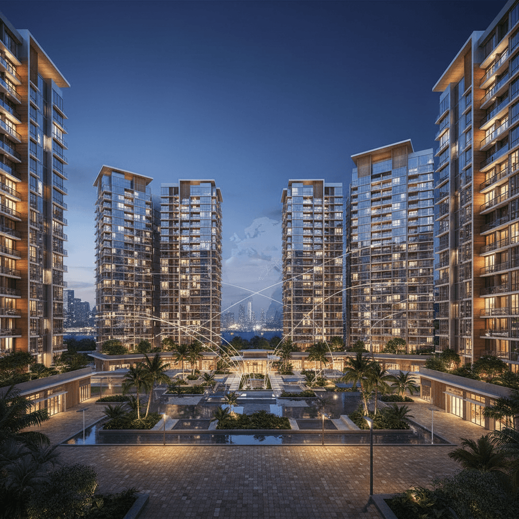 Contemporary high-rise residential buildings illuminated at dusk, with palm trees and a reflective pool in a courtyard.