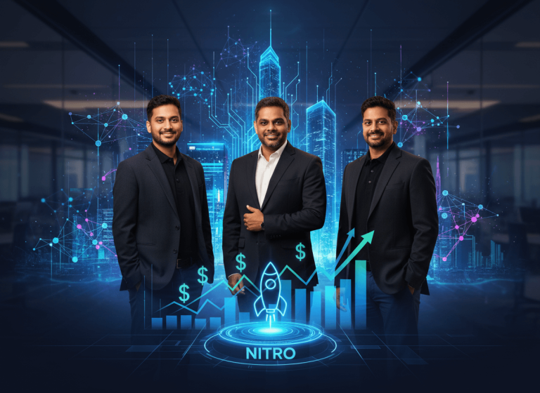 Three men in business attire stand before an abstract digital city with data networks, a rocket, and financial graphs.